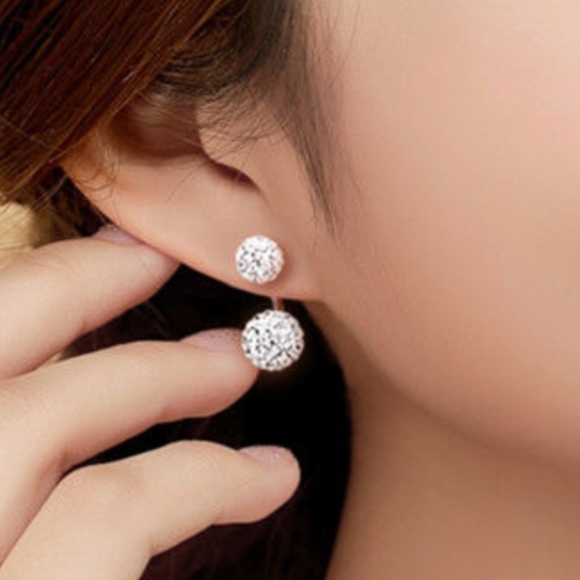 Silver Double Beaded Rhinestone Stud Earrings - Picture 2 of 6